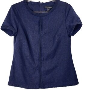 Banana Republic Navy Blue Wool Blend Short Sleeve Fringe Trim Top Size 2 EUC